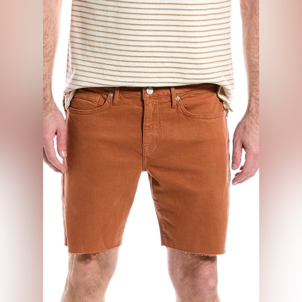 New FRAME Men’s L’Homme Cut Off Jean Shorts in Red Salmon Color Size 38